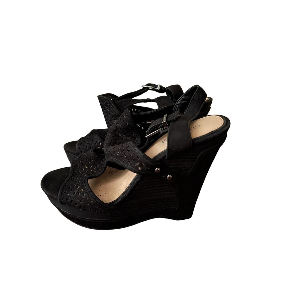 Gianni Bini Black Italian Suede Leather Strappy Wedge Sandal Heel Size 9M